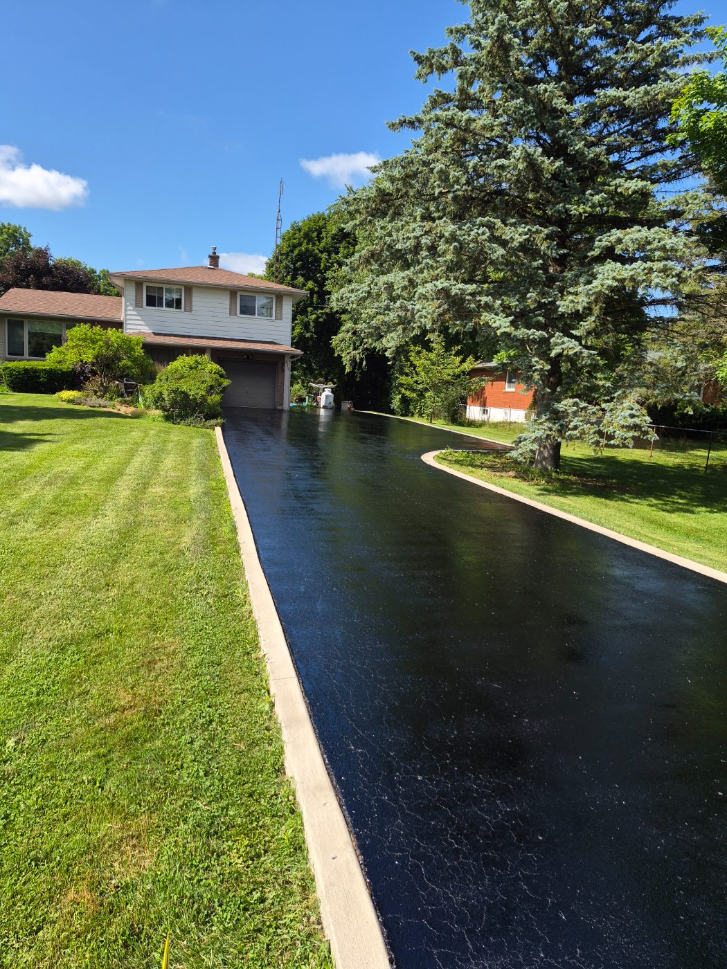 Long curved driveway with a deep black finish immediately after sealing